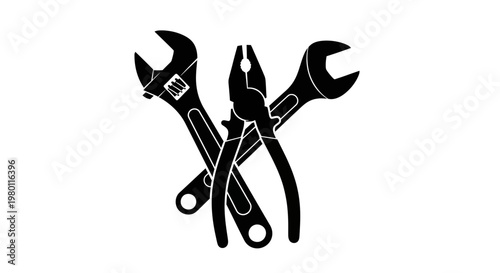 May Day Black silhouette tools, wrench, pliers, equipment icons, industrial symbols, repair kit Vector