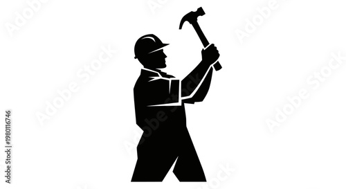 May Day Black silhouette construction worker, laborer, industrial icon, hammering illustration Vector