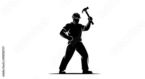 May Day Black silhouette construction worker, industrial laborer, strong man with hammer, industrial icon Vector