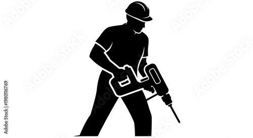 May Day Construction worker, laborer, jackhammer, drilling, silhouette, icon, vector Vector
