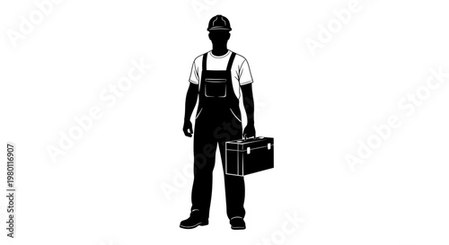 May Day Black silhouette worker, industrial uniform, toolbox, laborer, occupation icon Vector