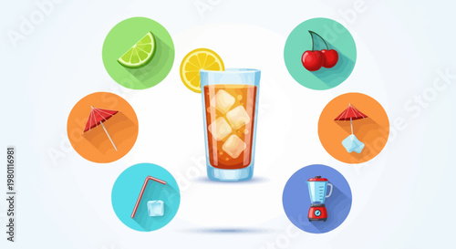 Cold drink with ice cubes and lemon.