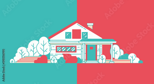 Simple white house with red trim.