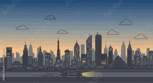 City Skyline at Sunset Twilight Hour.