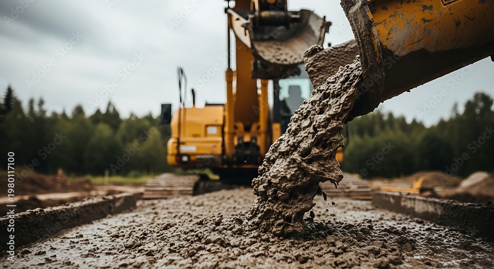 Fototapeta premium Heavy machinery pours wet concrete onto a construction site, creating a foundation