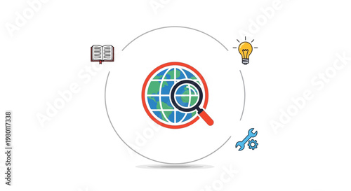 Magnifying glass over world map.