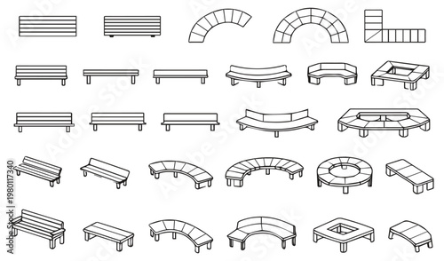 Set of outdoor furniture CAD blocks, isometric and plan view of park benches, street furniture vector icons for architectural landscape design.