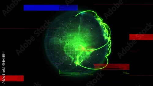 Animation of glitch effect against glowing green light trails on spinning globe on black background