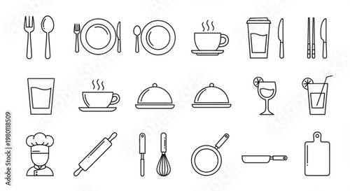 A set of minimalist line art icons depicting various kitchen utensils and dining items