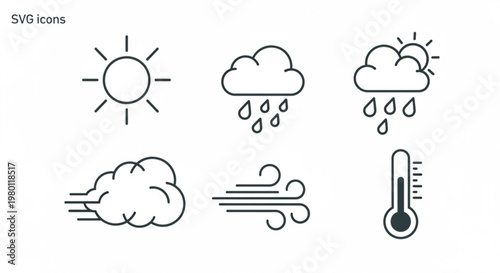 A set of six weather icons in a simple line art style, including sun, rain, clouds, wind, and temperature symbols, designed as a vector graphic
