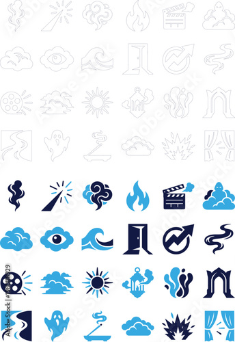 Abstract and symbolic icons with blue and dark blue colors for digital interfaces.