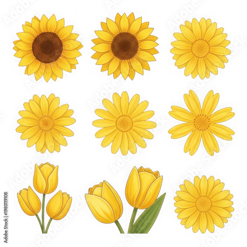 Vibrant yellow sunflowers and tulips bouquet set isolated on transparent background