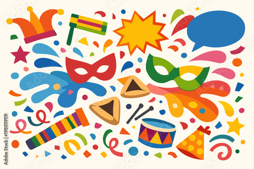 Happy Purim Jewish Holiday Celebration Poster with Abstract Geometric Carnival Elements, Colorful Masks, Hamantaschen Cookies, Gragger Noisemaker, Drum, and Confetti in Modern Vector Design