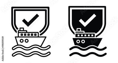 Maritime shipping insurance icon set featuring cargo ship on waves with security shield and checkmark for safe transport and logistics