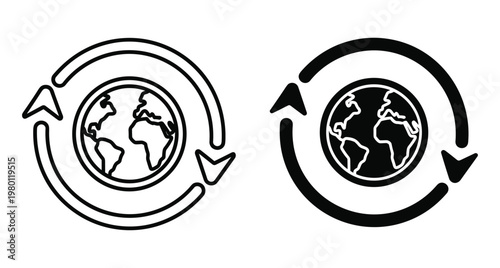 Global recycling icon set with earth globe and circular arrows representing sustainability environmental protection world rotation international trade and ecological conservation