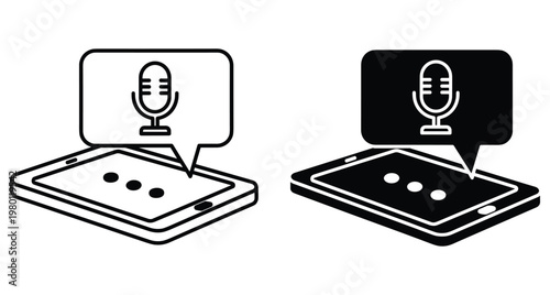 Smartphone voice assistant icon set with microphone speech bubble for mobile recording podcast communication app interface design elements vector
