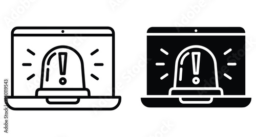 Laptop computer with alert siren and exclamation mark icon representing cybersecurity threat warning system notification and digital emergency signal set