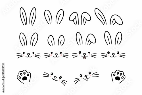 Cute Rabbit Ears and Bunny Face Line Art Set, Hand Drawn Easter Doodle Collection with Whiskers and Paws, Funny Animal Head Outline Elements Isolated on White Background for DIY Design and Crafts