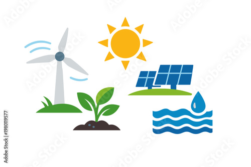 Vector illustration of renewable energy symbols featuring a wind turbine, sun, solar panels, green plant, and water waves, representing sustainable power sources and eco-friendly technology.