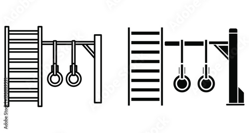 Outdoor fitness equipment icon set featuring wall bars pull up bar and gymnastics rings for calisthenics workout and bodyweight training