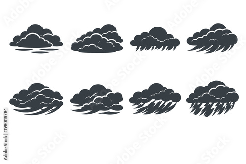 Set of dark storm cloud icons and symbols representing overcast sky, layered cumulonimbus, low heavy clouds, moving storm fronts, rain, lightning, and wind for weather forecasting and design.