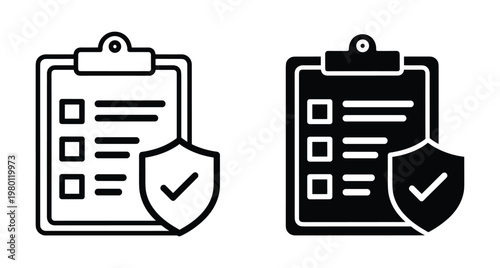 Clipboard checklist icon set with shield and checkmark symbol for insurance policy document verification and secure data management compliance