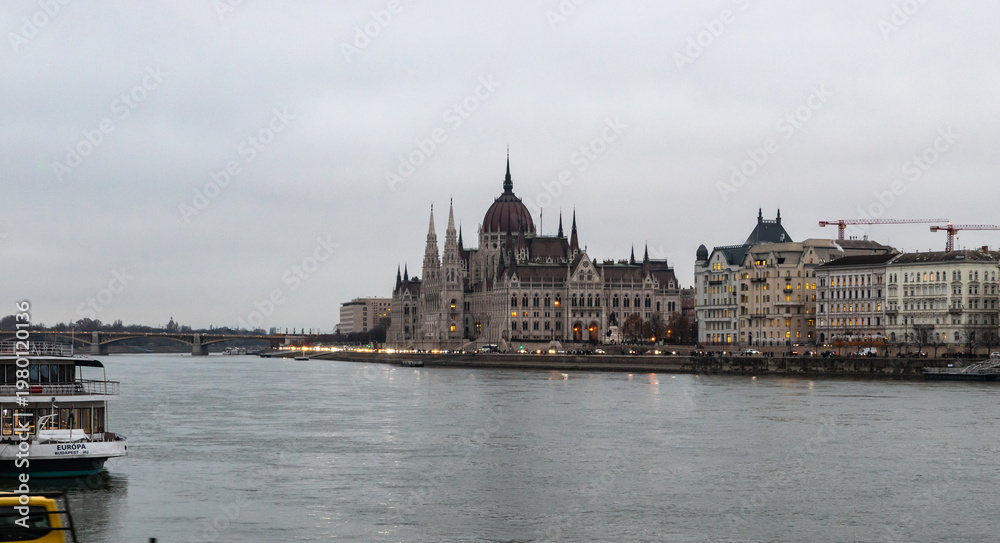 Fototapeta premium View from Buda Embankment to Pest Embankment and Parliament Building in Budapest in Hungary