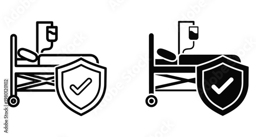 Hospital bed icon with medical drip and shield checkmark symbol representing healthcare insurance patient safety protection and medical service security