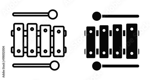 Xylophone musical instrument icon set with mallets for percussion education rhythm play sound melody creative art design and school learning