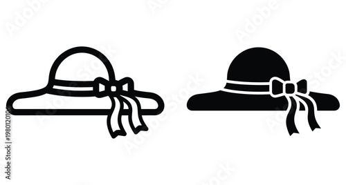woman sun hat icon set with ribbon bow wide brim summer beach accessory outline and solid silhouette vector graphic design