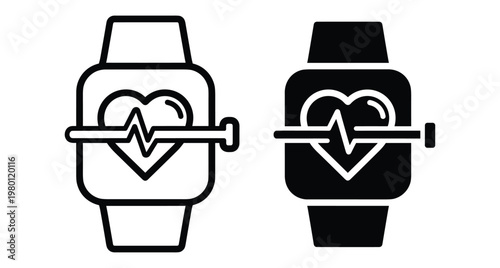 Smartwatch heart rate monitor icons showing pulse line and electrocardiogram symbol for fitness tracking health monitoring and medical technology applications