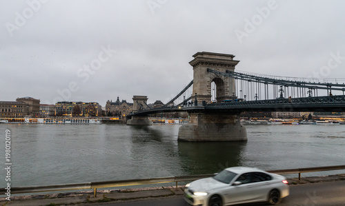 View from Buda Embankment to famous Szechenyi Chain Bridge in Budapest in Hungary
