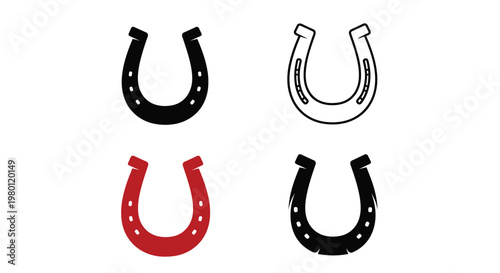 Four colorful horseshoes displayed in varying styles a stark silhouette