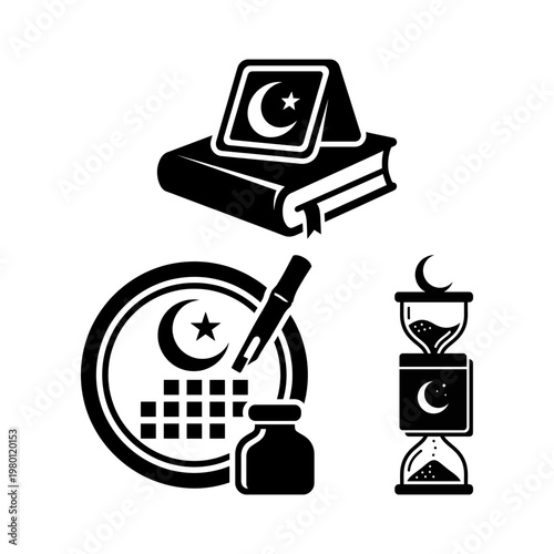 Eid calendar with mosque and moonlit landscape set