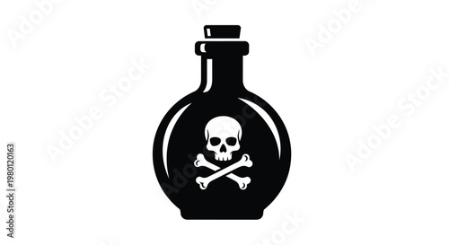 A dark bottle with a skull and crossbones stark silhouette