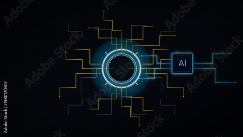Artificial intelligence neural network vector illustration with glowing blue circuit
