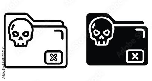 Malware folder icon set with skull symbol and delete cross mark representing dangerous files virus infection cyber security threat and hacking