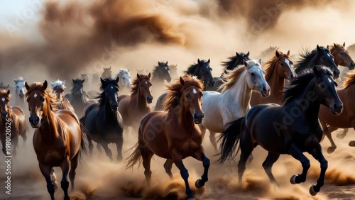 Herd horses running across dusty plain landscape at sunset