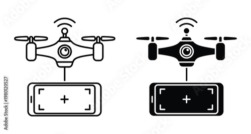 Drone remote control mobile app interface icon set with quadcopter camera and smartphone screen for aerial photography and surveillance technology