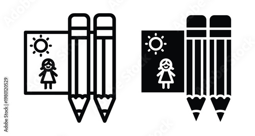 Drawing icon set with two pencils and a sketch of a girl under the sun for education and creativity projects