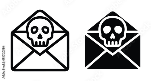 Malicious email icon set featuring open envelope with skull symbol representing phishing attack cyber security threat malware virus and hacking danger