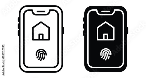 Smart home security mobile app icon set featuring house symbol and fingerprint biometric authentication for remote property access and protection