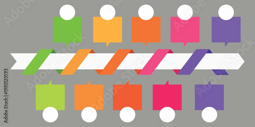 colorful symmetric timeline infographic template with ribbon banner arrow square labels and circle icon placeholders on gray background
