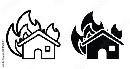 House fire icon set showing burning building with flames in outline and solid silhouette styles for emergency and insurance concepts