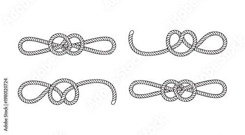 Nautical rope knots set with marine decorative line art loops and vintage borders for sailing design