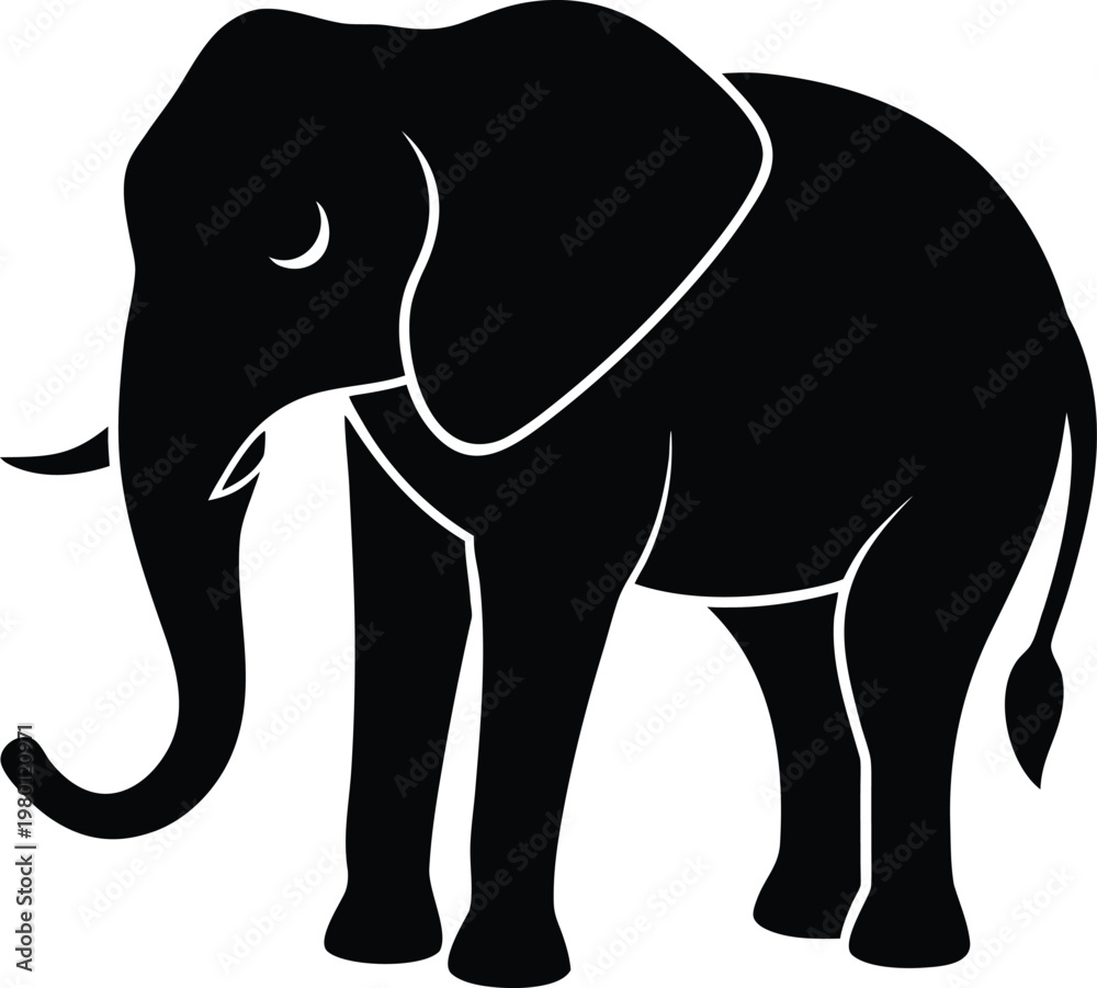 Obraz premium Black silhouette of a standing elephant with trunk curled upwards