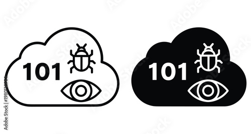 Cloud computing security icon set featuring binary code bug malware detection and monitoring eye symbol for software testing and vulnerability scanning