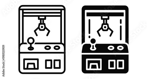 Claw machine arcade game icon set featuring outline and solid styles with joystick buttons and mechanical grabber for prize winning