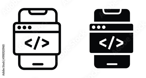 Mobile application development icon showing smartphone with programming code window for software engineering web design and digital app creation