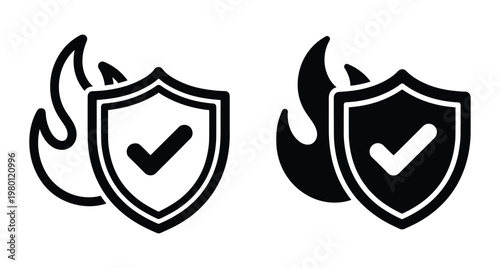 Fire protection shield icon set with checkmark and flame symbol for safety security fireproof resistant material industrial hazard prevention system
